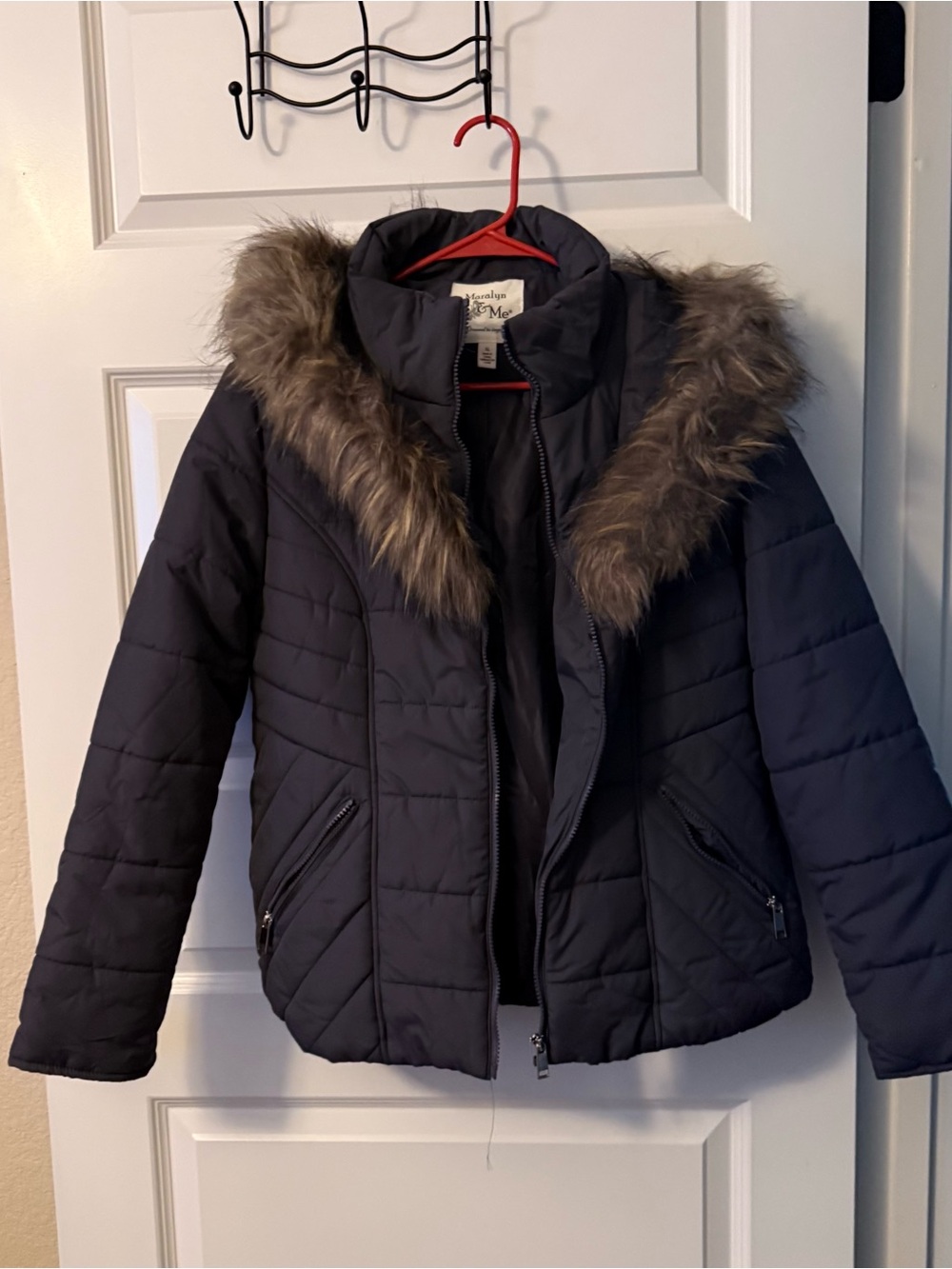 wonder nation Navy Quilted Puffer Jacket with Faux Fur Trim